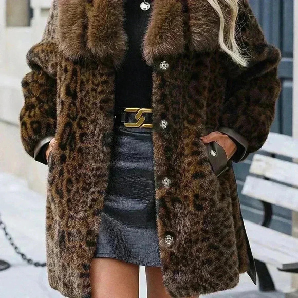 Coffee Brown Casual Women's Long Sleeve Fluffy Leopard Print Button Coat - Picture 7 of 9